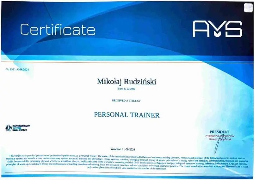 Certyfikat Trener Personalny AMS — Mikołaj Rudziński