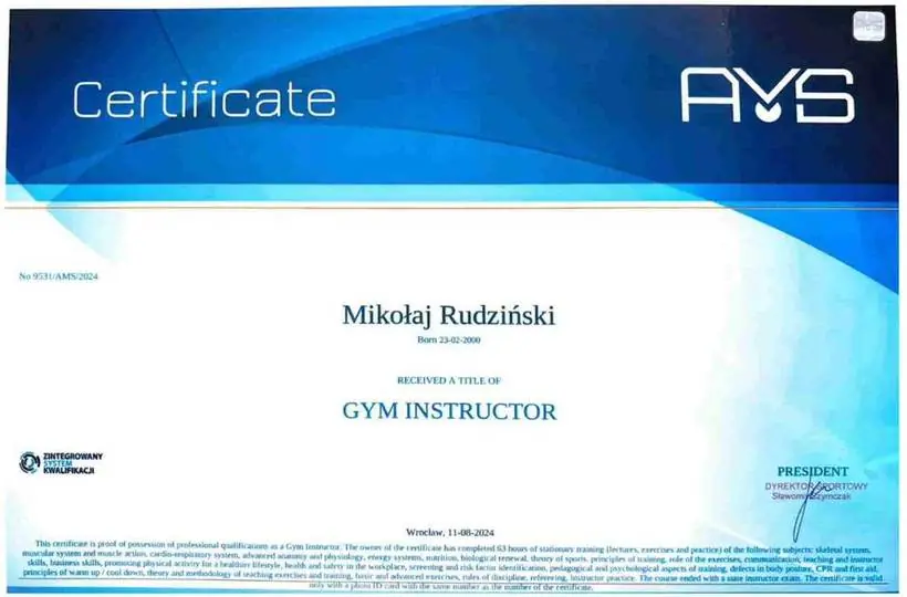 Certyfikat Instruktor Siłowni AMS — Mikołaj Rudziński